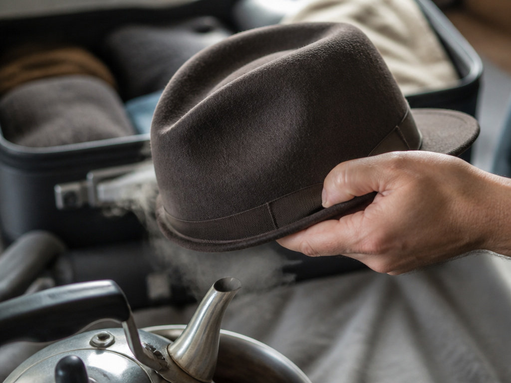 Hands steaming and reshaping a crushed hat after unpacking from a suitcase.