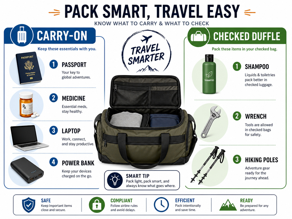 Infographic showing what to pack in carry-on versus a checked duffle bag