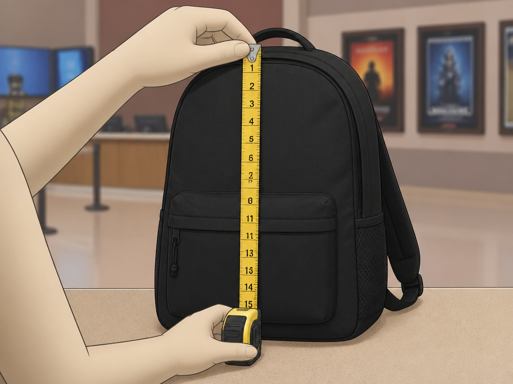 Measuring backpack dimensions against theater size policy for entry.