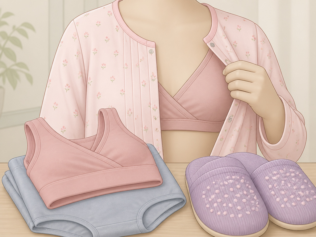 Essential hospital bag items for mom: front-opening gown, soft bras, and slippers