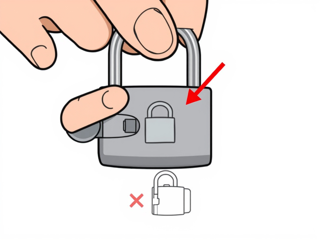 Close-up diagram of pressing a reset button on an open luggage lock