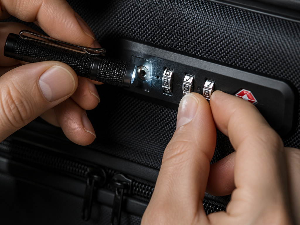 Close-up of using a flashlight to decode a forgotten suitcase lock combination.