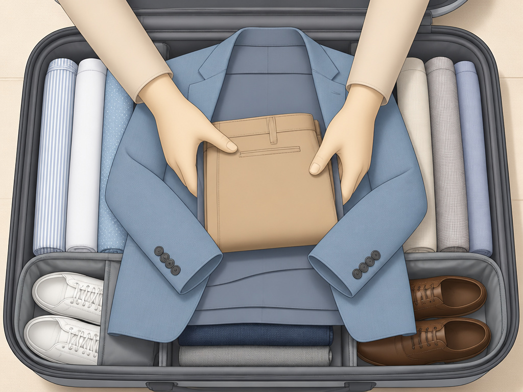 Packing trousers inside a folded blazer within a structured suitcase.