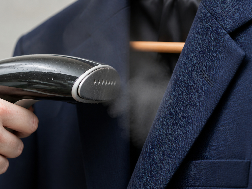 Using a handheld steamer to remove wrinkles from a travel jacket on arrival.