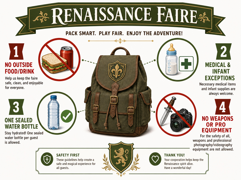 Infographic of allowed and prohibited backpack contents for a Renaissance festival.