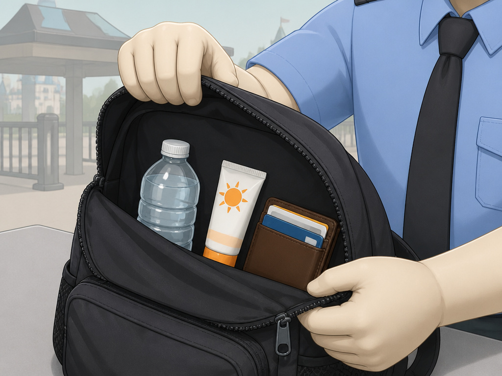Security check of a backpack with allowed items at a Six Flags entrance.