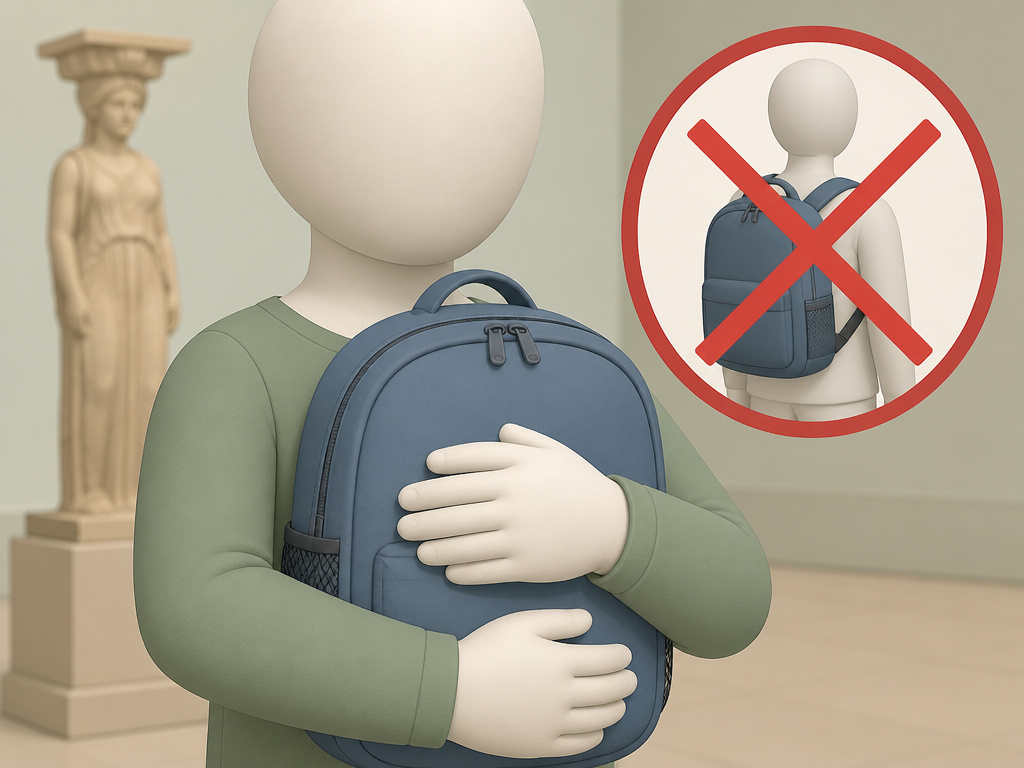 Visitor holding backpack on chest in museum gallery, not on back.