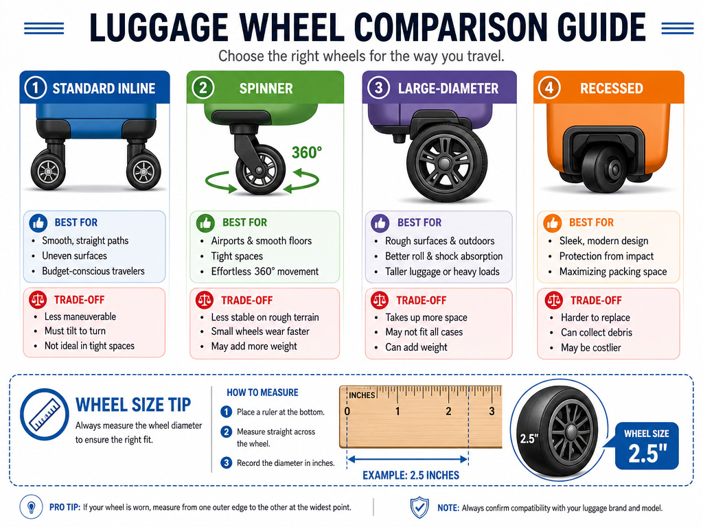 Comparison chart of luggage wheel types, sizes, and upgrade considerations.