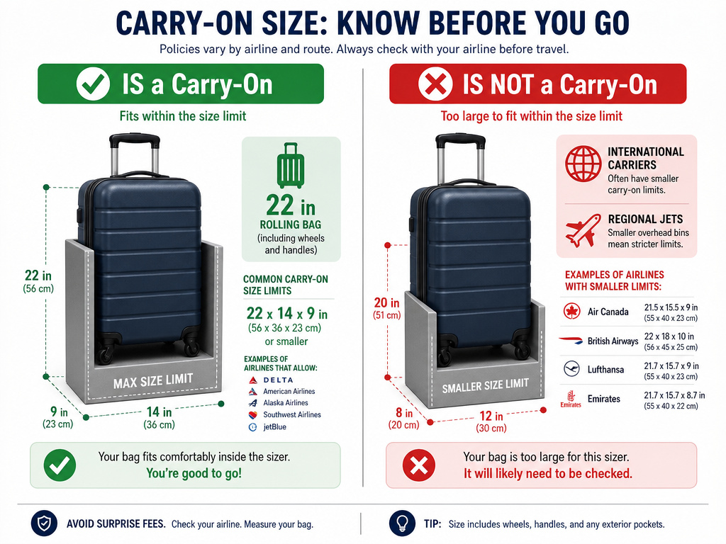 Infographic comparing when a 22-inch suitcase is or is not an airline carry-on.