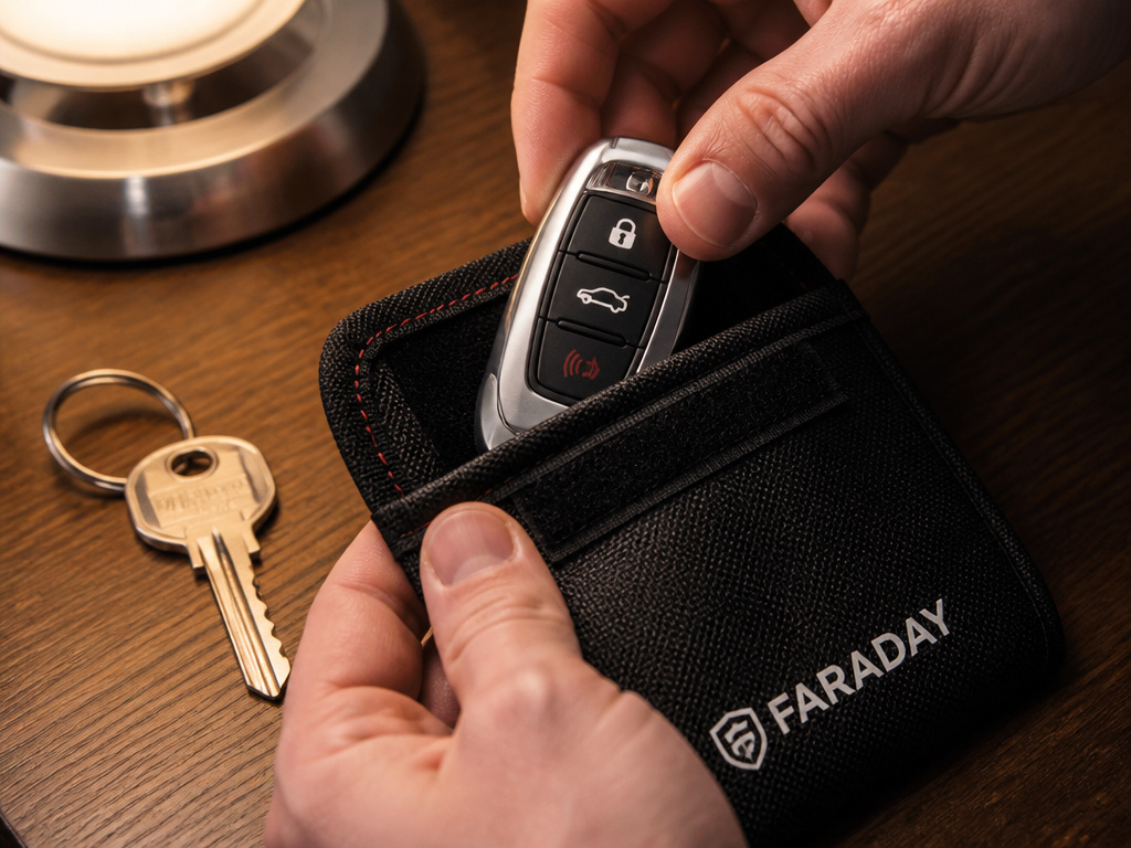 Car key fob being secured inside a black Faraday bag for theft prevention.