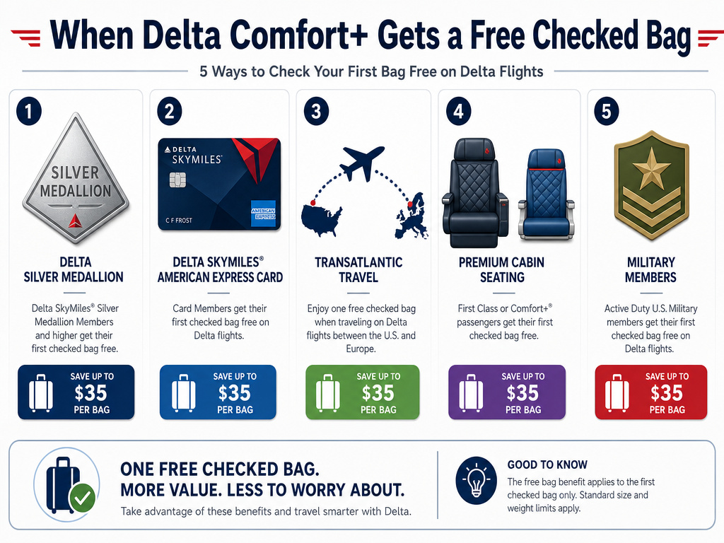 Infographic showing five ways to get a free checked bag with Delta Comfort+