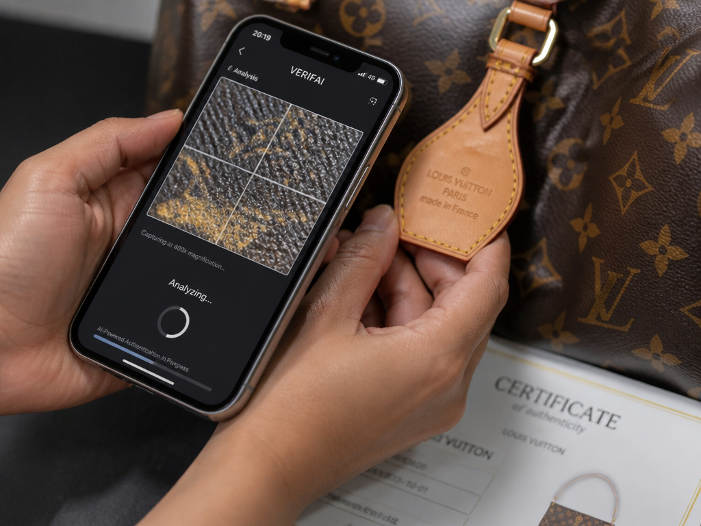Professional authenticator scanning a Louis Vuitton bag with a smartphone app.