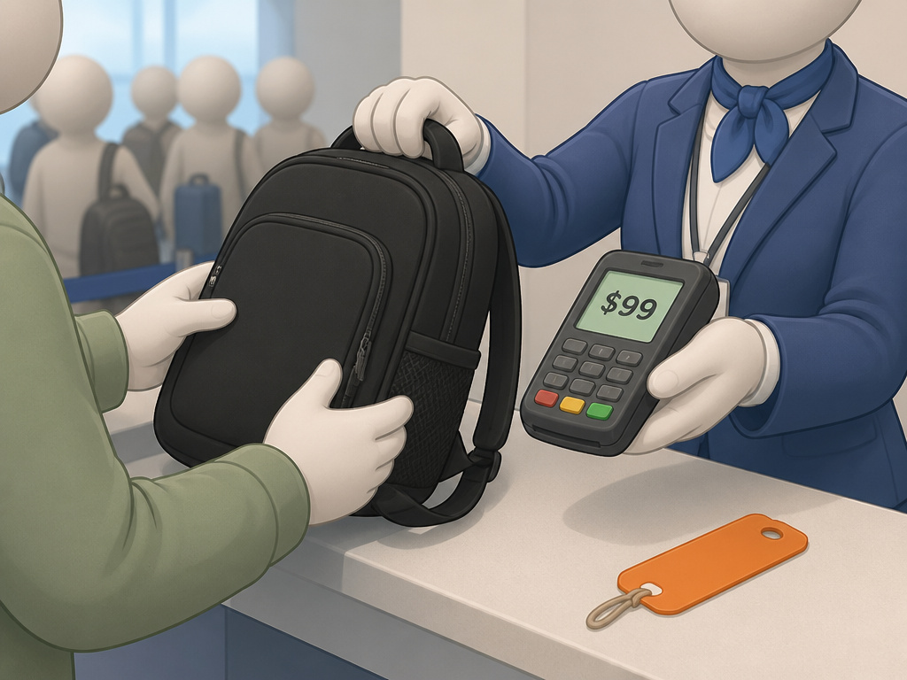 Spirit agent charging for an oversized backpack at the gate without a luggage tag