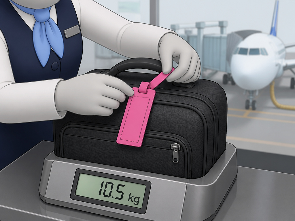 Airline agent tagging an overweight carry-on bag for gate-checking at the gate