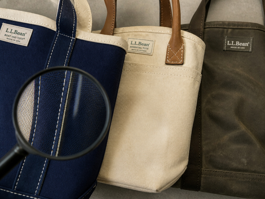 Three types of LL Bean tote bags for identification before cleaning.
