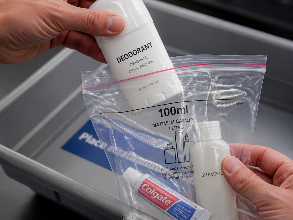 Stick deodorant being packed in a carry-on liquids bag for air travel.