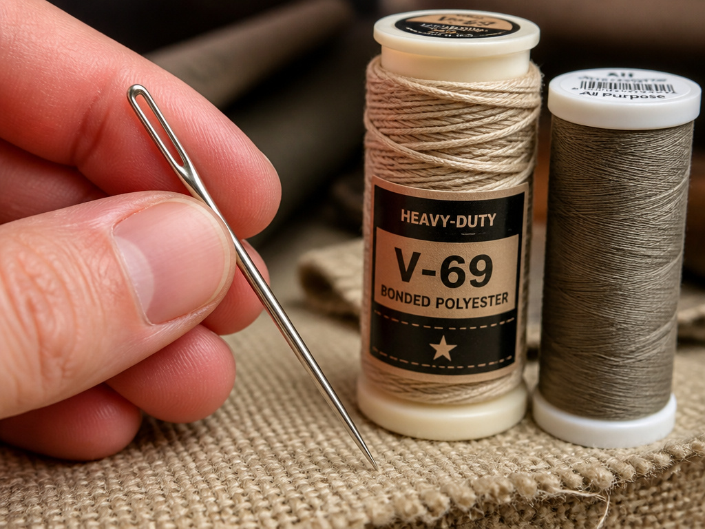 Heavy-duty sewing needle and thick thread for making durable bags.