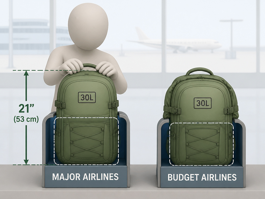 30L backpack size comparison to major and budget airline carry-on sizer bins