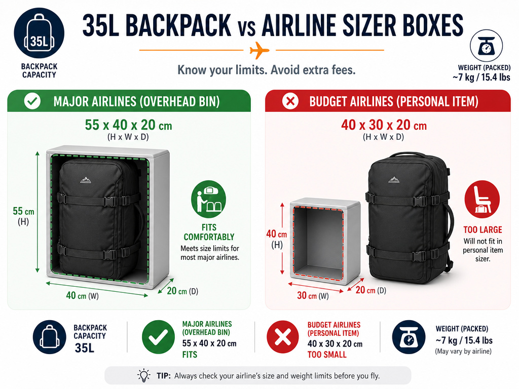 35L backpack size comparison for major airline vs budget airline carry-on rules.