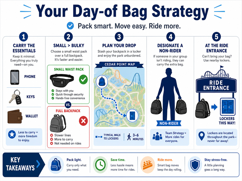 Cedar Point backpack strategy infographic for locker use and bag types