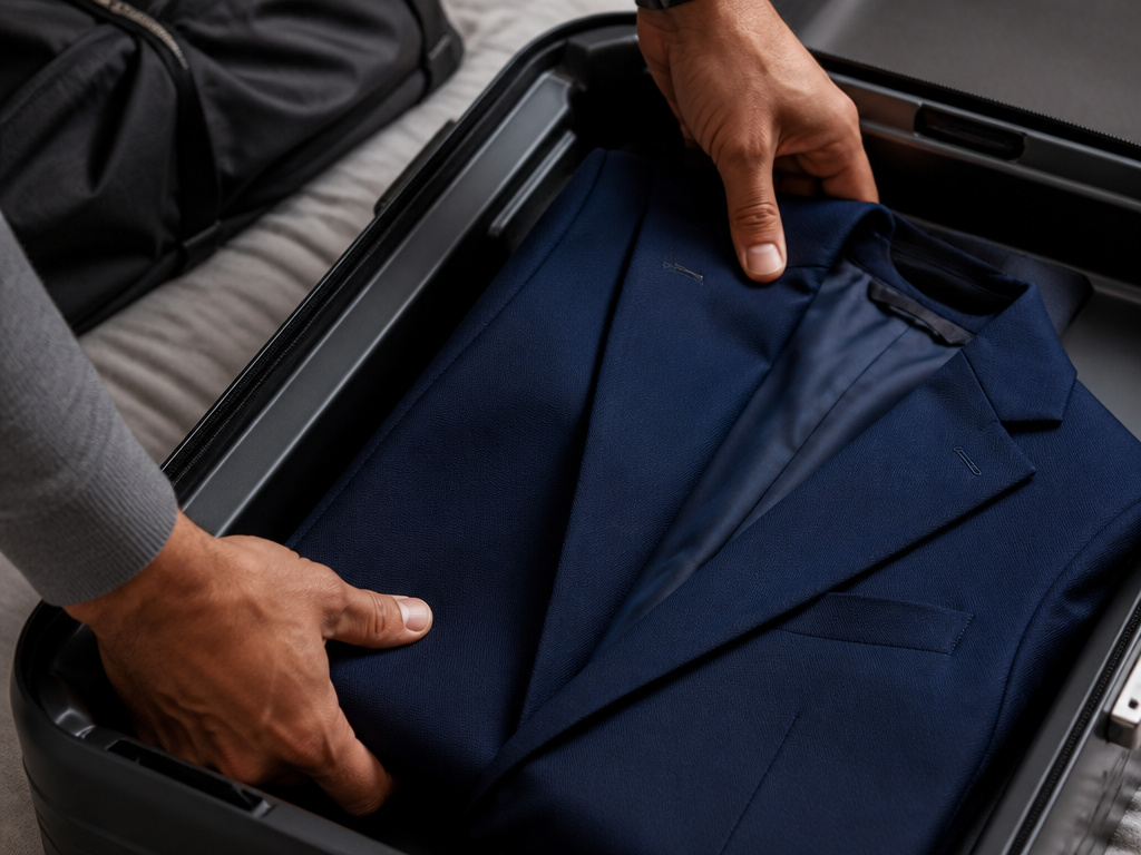Packing a blazer flat inside a rigid hard-shell suitcase to prevent wrinkles.
